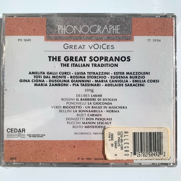 Great Voices The Great Sopranos Italian Tradition CD 8010984050498 Phonographe - Picture 2 of 3